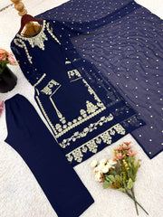 Ravishing Navy Blue Georgette Embroidery Sequence Suit