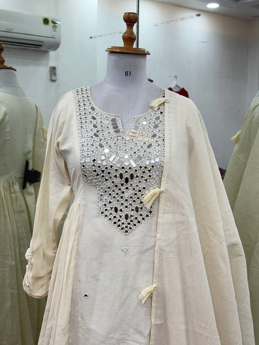 Innovative White Khadi Cotton Mirror Work Gown