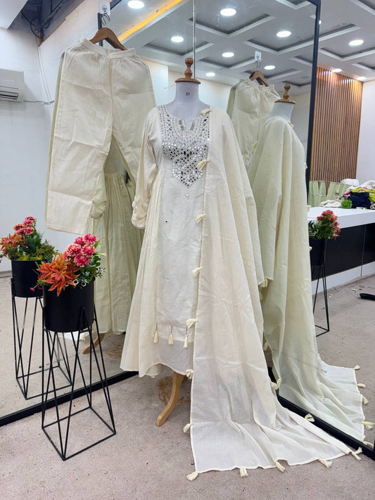 Innovative White Khadi Cotton Mirror Work Gown