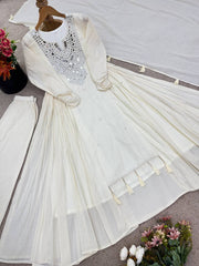 Innovative White Khadi Cotton Mirror Work Gown
