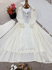 Innovative White Khadi Cotton Mirror Work Gown