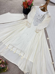 Innovative White Khadi Cotton Mirror Work Gown