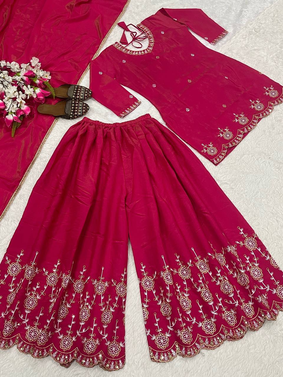 Admiring Pink Color Embroidery Work Palazzo Suit
