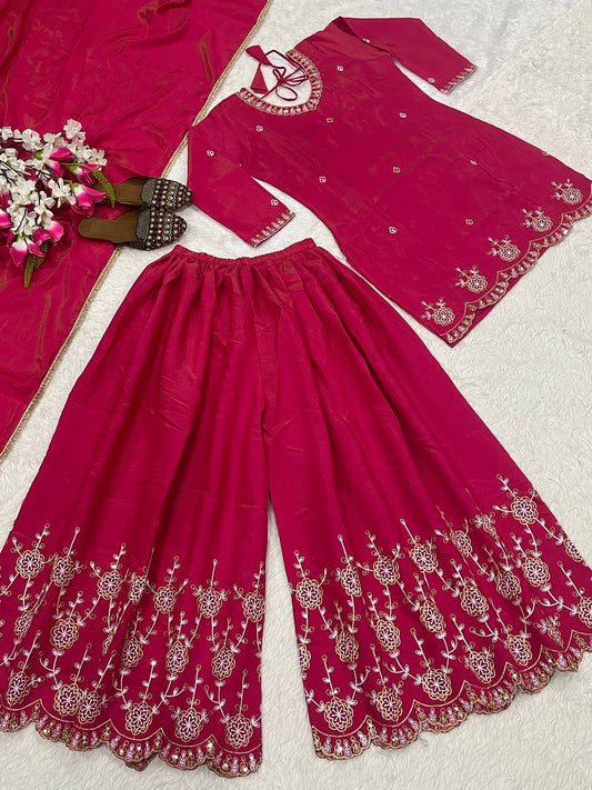 Admiring Pink Color Embroidery Work Palazzo Suit
