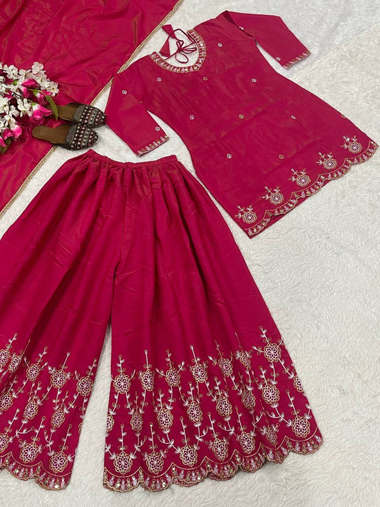 Admiring Pink Color Embroidery Work Palazzo Suit