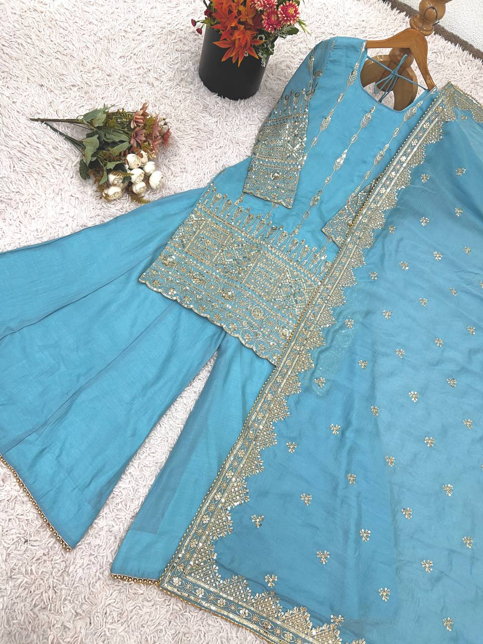 Lovely Sky Blue Vichitra Silk Embroidery Sharara Suit