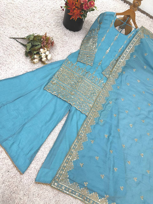 Lovely Blue Vichitra Silk Embroidery Sharara Suit