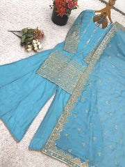 Lovely Sky Blue Vichitra Silk Embroidery Sharara Suit