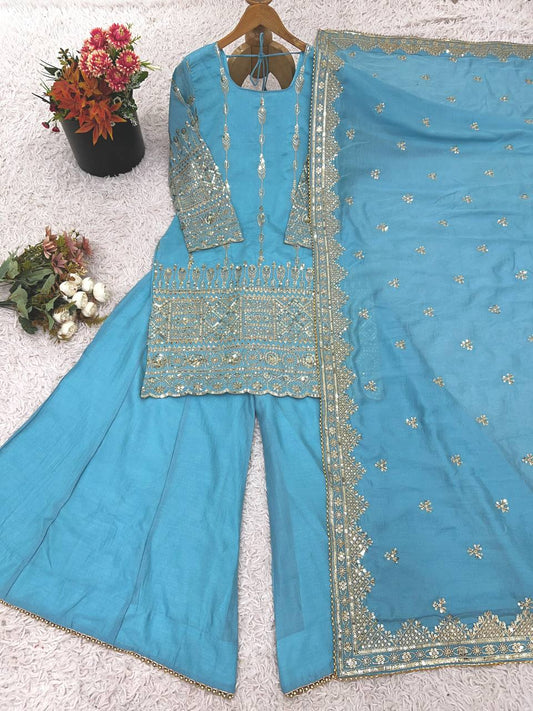 Lovely Blue Vichitra Silk Embroidery Sharara Suit