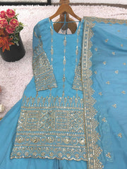 Lovely Sky Blue Vichitra Silk Embroidery Sharara Suit