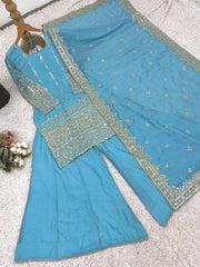 Lovely Sky Blue Vichitra Silk Embroidery Sharara Suit