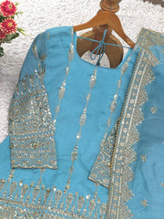 Lovely Sky Blue Vichitra Silk Embroidery Sharara Suit