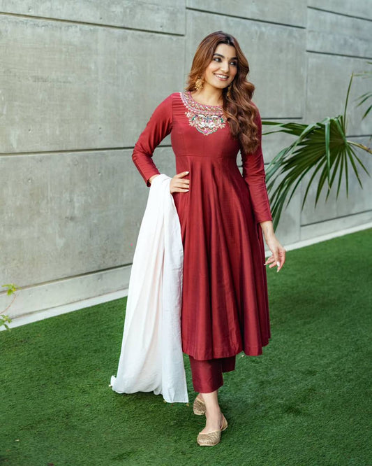 Ravishing Maroon Color Thread Embroidered Anarkali Suit