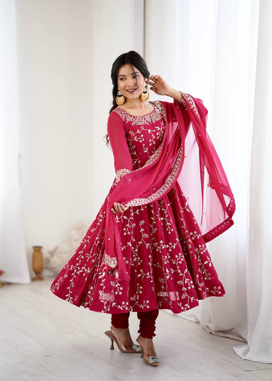 Marvelous Red Color Embroidery Work Georgette Gown