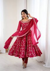 Marvelous Red Color Embroidery Work Georgette Gown