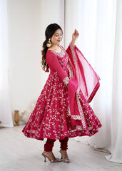 Marvelous Red Color Embroidery Work Georgette Gown