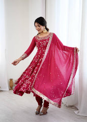 Marvelous Red Color Embroidery Work Georgette Gown