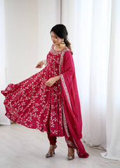Marvelous Red Color Embroidery Work Georgette Gown