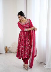 Marvelous Red Color Embroidery Work Georgette Gown