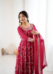 Marvelous Red Color Embroidery Work Georgette Gown
