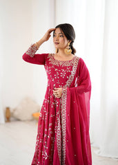 Marvelous Red Color Embroidery Work Georgette Gown