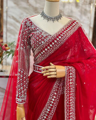 Gorgeous Red Color Sequence Work Silk Saree