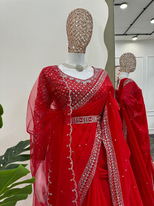 Gorgeous Red Color Sequence Work Silk Saree