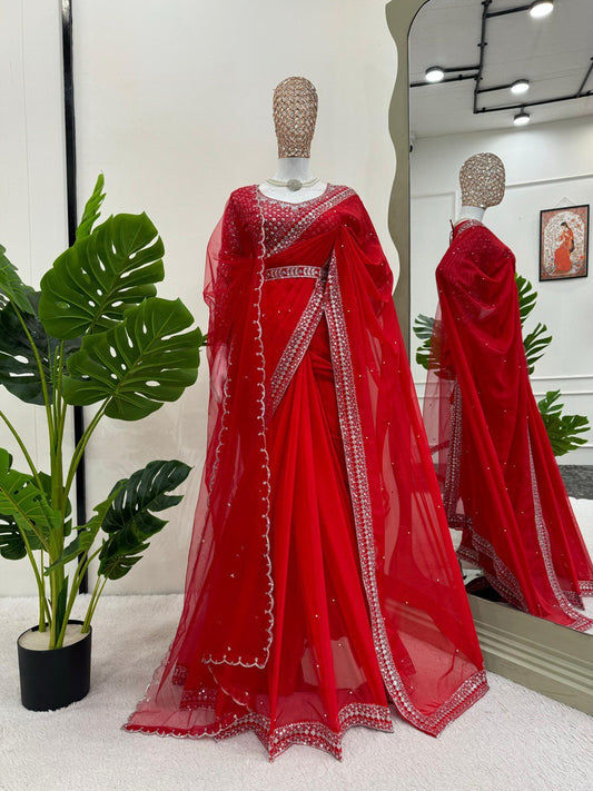 Gorgeous Red Color Sequence Work Silk Saree