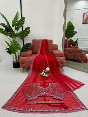 Gorgeous Red Color Sequence Work Silk Saree