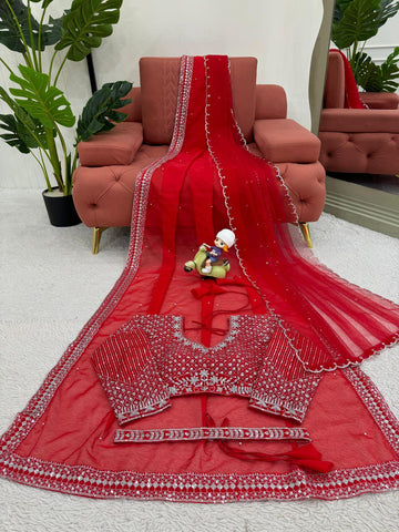 Gorgeous Red Color Sequence Work Silk Saree
