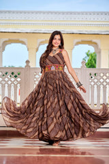Brown Color Bandhni Gamthi Work Gown For Navratri