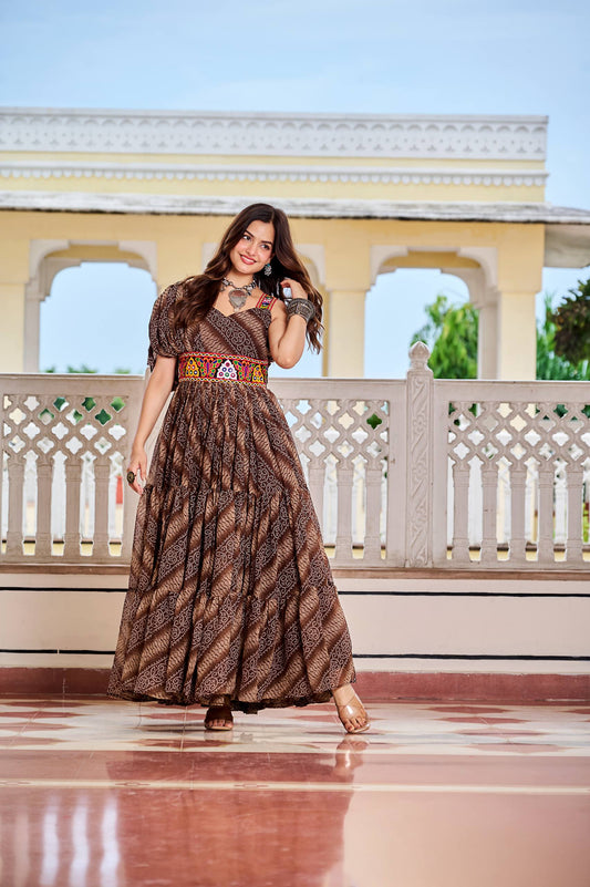Brown Color Bandhni Gamthi Work Gown For Navratri