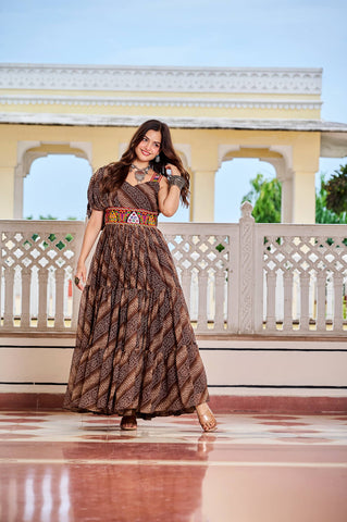 Brown Color Bandhni Gamthi Work Gown For Navratri