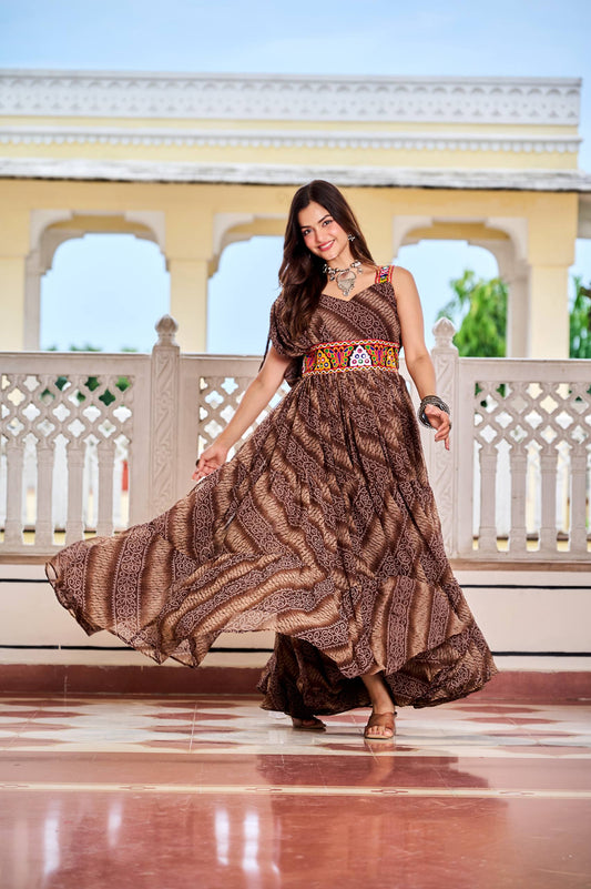 Brown Color Bandhni Gamthi Work Gown For Navratri
