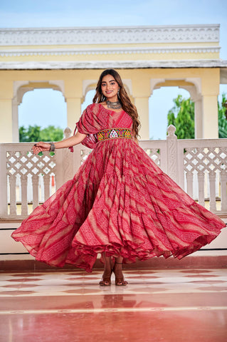 Brown Color Bandhni Gamthi Work Gown For Navratri