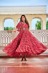 Brown Color Bandhni Gamthi Work Gown For Navratri