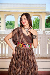 Brown Color Bandhni Gamthi Work Gown For Navratri