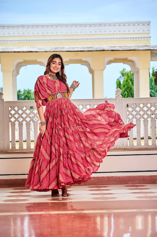 Brown Color Bandhni Gamthi Work Gown For Navratri