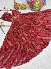 Brown Color Bandhni Gamthi Work Gown For Navratri