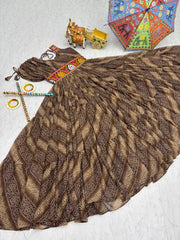 Brown Color Bandhni Gamthi Work Gown For Navratri