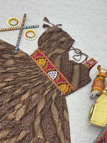 Brown Color Bandhni Gamthi Work Gown For Navratri