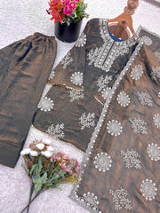 Lovely Brown Color Embroidery Work Palazzo Suit