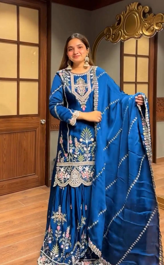 Gorgeous Blue Color  Embroidery Thread Work Sharara Suit
