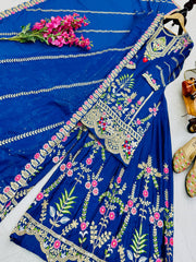 Gorgeous Blue Color  Embroidery Thread Work Sharara Suit