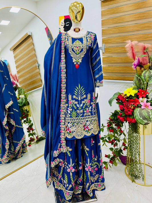 Gorgeous Blue Color  Embroidery Thread Work Sharara Suit