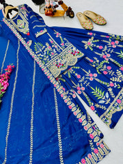 Gorgeous Blue Color  Embroidery Thread Work Sharara Suit