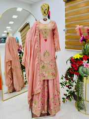 Gorgeous Blue Color  Embroidery Thread Work Sharara Suit