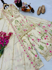 Gorgeous Blue Color  Embroidery Thread Work Sharara Suit
