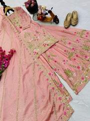 Gorgeous Blue Color  Embroidery Thread Work Sharara Suit