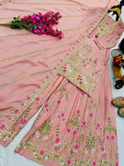 Gorgeous Blue Color  Embroidery Thread Work Sharara Suit